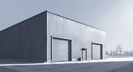 black and white minimalist sketch, futuristic steel mercial garage building against a straight wall, under daybreak shine, icy blue tones, subject at top, ample copy space at the bottom