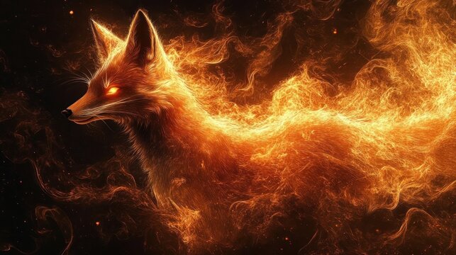 A glowing fox made of fiery orange flames with intense eyes moving through a dark background, emitting warmth and energy