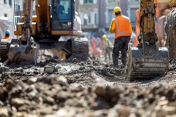 A busy construction site with workers using excavators to dig out the foundation for a new office building --ar 3:2 --stylize 250 --v 6 Job ID: 35c3f818-622f-482a-8fa6-db9d57a7c912