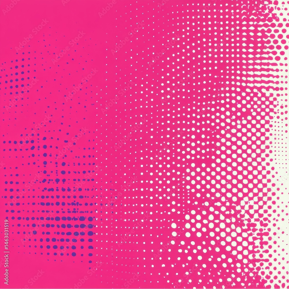 Poster Abstract halftone dot pattern transitioning from vibrant pink to cream with scattered irregular shapes and varying dot sizes creating a dynamic texture