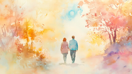 A couple is walking in a forest with trees in the background