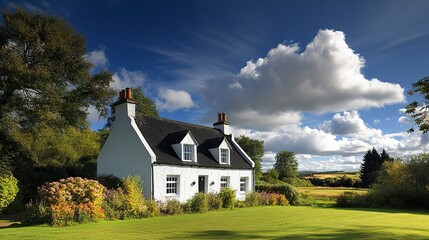 Fototapeta premium A well-designed white house with a black tiled roof, its classic yet modern architecture framed by a blue sky with cotton-like clouds, creating a serene and picturesque setting 