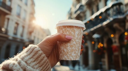 A hand holding a coffee cup illuminates a sunlit street, evoking feelings of warmth and comfort, encapsulating the bliss of relaxation amidst daily hustle and bustle.