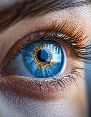 Fototapeta premium Extreme close-up of a bright blue human eye with detailed iris patterns and golden flecks, showing intricate textures and fine eyelashes in natural light