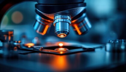 Close-up of a laboratory microscope lens with illuminated orange light focusing on a slide for scientific research in a cool blue environment