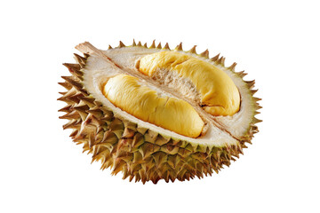 Fototapeta premium Delicious durian fruit open half showing creamy yellow flesh tropical on transparent background food