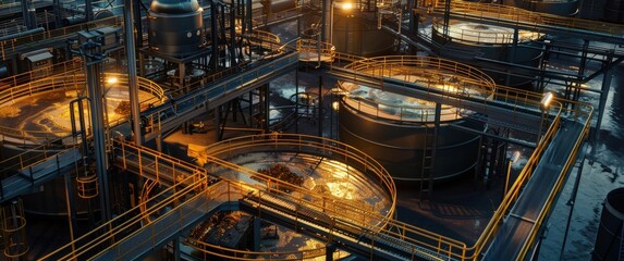 Modern gold processing plant interior cyanide leaching tanks conveyor systems industrial lighting casting shadows on machinery blur