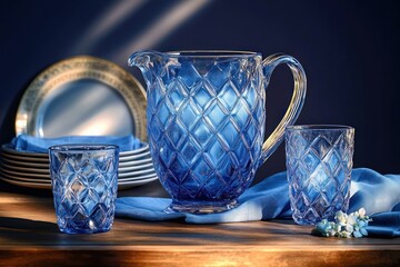 Blue glass pitcher and two matching glasses on wooden table with blue cloth and stack of plates in soft focused background