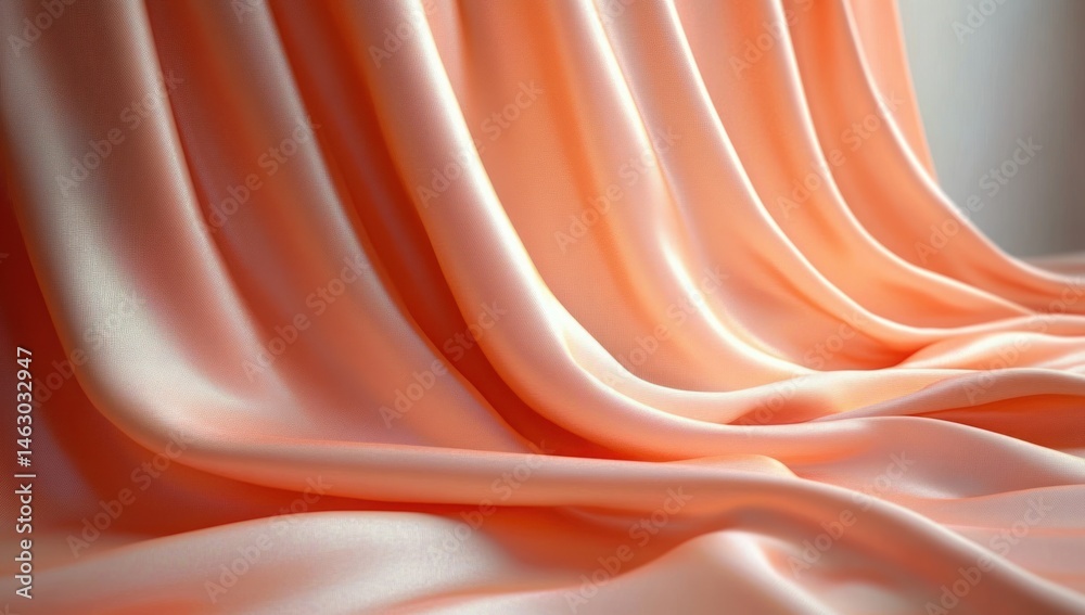 Fototapete Smooth flowing peach-colored satin fabric draped elegantly with soft highlights and gentle folds creating a luxurious and calming atmosphere