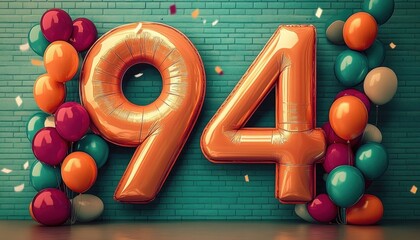 Orange metallic balloon numbers 9 and 4 surrounded by colorful clusters of balloons in green, orange, burgundy, and beige against a teal brick wall with confetti floating