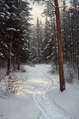 Fototapeta premium A quiet snowy forest path winding through tall pine trees under soft daylight, evoking a peaceful and serene winter atmosphere
