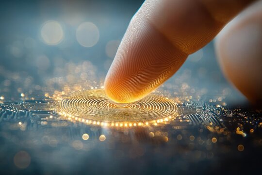 close-up of a finger touching an illuminated circular digital fingerprint scanner on a dark circuit board with glowing golden lights and bokeh effect