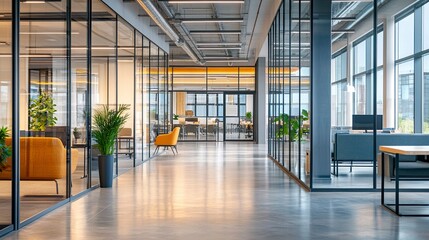 Fototapeta premium An open and airy office building with transparent glass walls, the clean architecture blending interior workspaces with the surrounding city environment 