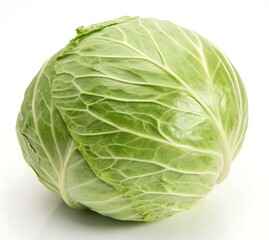 Fototapeta premium Single Whole Head of Fresh Green Savoy Cabbage with Distinctly Crinkled Leaves, Isolated on a Bright White Background