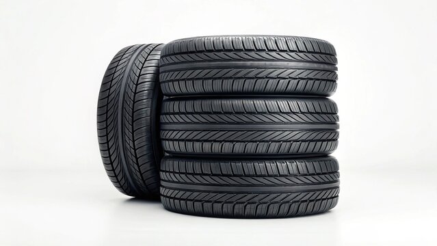 A stack of four new tires stands upright next to a single tire leaning on its side, all on a light grey surface, against a soft white background, symbolizing quantity, selection