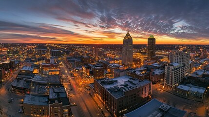 Obraz premium The Cleveland skyline captured from above at sunset, showcasing its mix of historic and modern architecture with the Terminal Tower and Key Tower glowing in the warm evening light 
