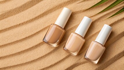 Three bottles of nude and beige nail polish are arranged on a textured sand background with curved lines and a hint of a green leaf, suggesting natural beauty, spa treatments