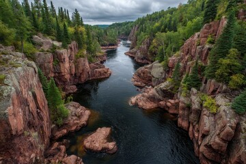 Breathtaking River Gorge with Red Cliffs and Lush Green Forest