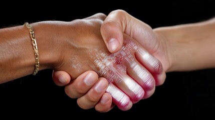 Two hands shaking with digital circuit and technology overlay on black background, representing innovation and partnership in the digital age