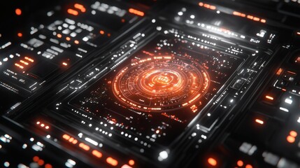 Obraz premium Complex Data Structure with Central Circular Element and Interconnected Electronic Components and Circuits for Technological Uses