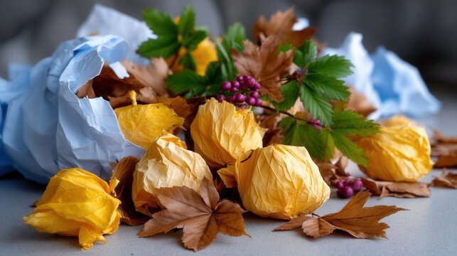 Mixed autumn leaves with wilted chrysanthemums, berries, and greenery on a textured surface - Powered by Adobe