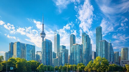 Obraz premium The striking skyline of Toronto viewed from below, its towering skyscrapers with angular glass facades standing tall against a pristine blue sky 