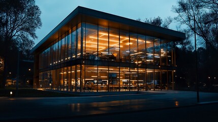 The warm interior lights of a modern glass office building contrast beautifully with its cool, reflective facade under the night sky, creating a dynamic and professional nighttime aesthetic 