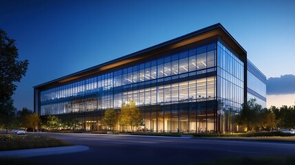 Obraz premium The warm interior lights of a modern glass office building contrast beautifully with its cool, reflective facade under the night sky, creating a dynamic and professional nighttime aesthetic 