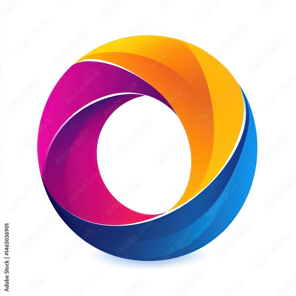 Poster abstract circular design with overlapping curved segments in vibrant orange, pink, purple, and blue 