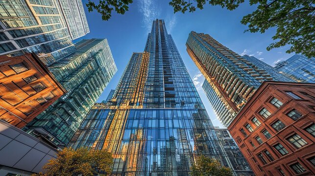 Fototapeta Toronto's towering skyscrapers seen from below, their polished glass exteriors and intricate designs standing out against the clear sky, embodying the city's innovation and growth 