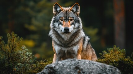 Fototapeta premium Majestic wolf sits on rock, forest background