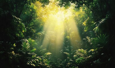 Fototapeta premium Sunlight streaming through dense lush green tropical forest foliage creating a bright, serene, and tranquil atmosphere