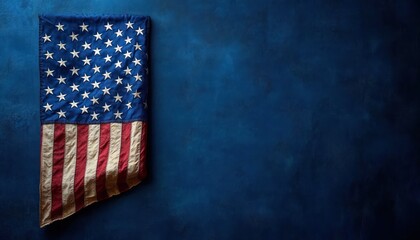 Obraz premium Vintage folded American flag with visible stars and stripes hanging on textured blue wall evoking patriotic and nostalgic feelings