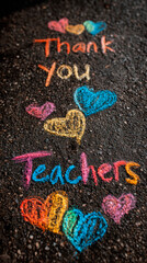 Text written "Thank you teachers" on asphalt in colorful chalk, capturing a heartfelt and playful tribute.