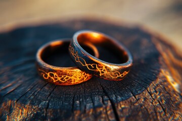 Two intricately designed rings, featuring a warm, copper tone and delicate etched patterns, rest atop a dark wooden stump.  Soft sunlight highlights the details of the rings and the wood grain