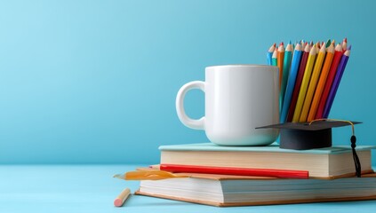 Graduation Concept: Books, Colored Pencils, and Graduation Cap