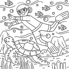 Swimming Girl with Turtle Coloring Page for Kids 