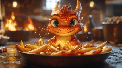 Enchanting orange baby dragon with horns guards a platter of steaming golden fries in warm cozy kitchen environment.