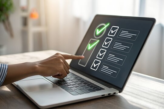 Digital document verification, Businessman using laptop and tablet to approve digital document, Review online forms,Quality assessments virtual checklist for performance tracking,Business management