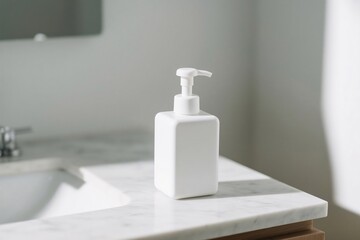 A sleek white liquid soap dispenser on a marble countertop, bathed in natural light. The dispenser is modern and minimalist