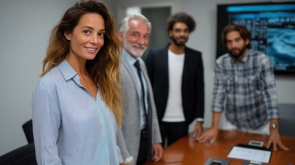 Obraz premium Diverse Business Team Meeting with Woman Leading in Modern Conference Room
