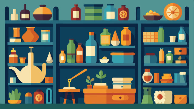 A wall filled with shelves showcasing different materials and supplies for crafting and creating.