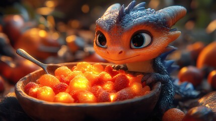 Fototapeta premium Friendly Scaled Creature with Shiny Eyes Looks at Glowing Bowl of Fruit in Forest Setting