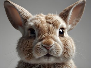 Close up portrait of a fluffy, light brown rabbit with big eyes and long ears against a neutral background. Animal portrait for Easter, spring, or pet concepts.