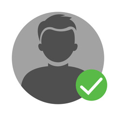 Minimalist dark gray profile silhouette centered in light gray circle, green checkmark on right. Flat UI icon symbolizing verification/approval. Clean, two-dimensional white background.
