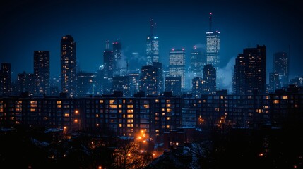Obraz premium Cityscape Illumination: Residential Buildings in Foreground and Tall Skyscrapers Shining in Dark Night