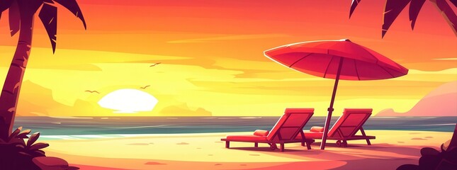 Tropical sunset beach scene with lounge chairs and umbrella