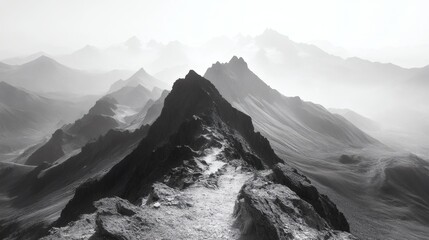 Fototapeta premium Black and white image showcasing a jagged mountain ridge with trails, towering peaks receding into atmospheric haze, panoramic view