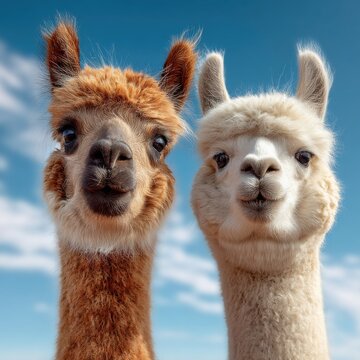 Zwei neugierige Lamas unter blauem Himmel