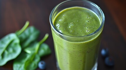 Vibrant green smoothie with spinach and blueberries on rustic wooden background